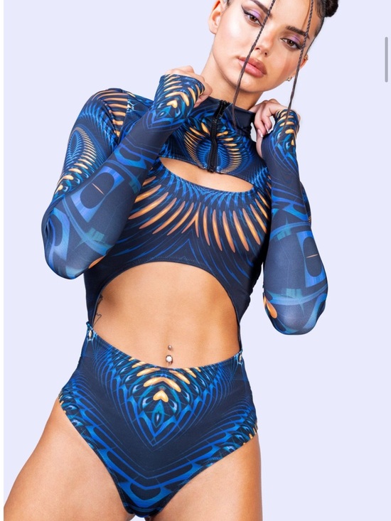 Badinka Other - Badinka Nara Shrug Bodysuit - Blue Graphic Cutout Long-Sleeve
